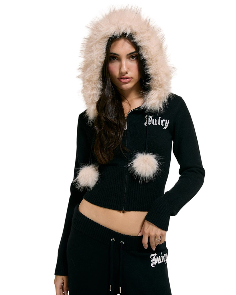 JUICY KNIT JUICY DIAMANTE HOODIE WITH FUR TRIM - JCWAS226309-101