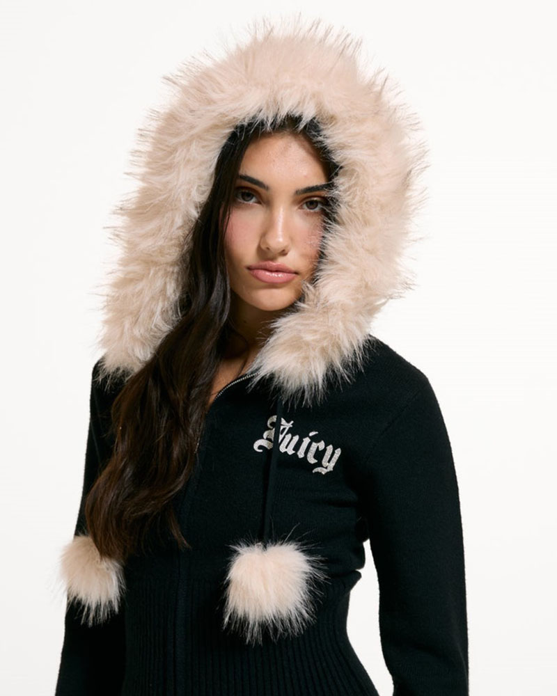 JUICY KNIT JUICY DIAMANTE HOODIE WITH FUR TRIM - JCWAS226309-101